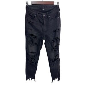 American Eagle Black Distressed Ripped High Rise Stretch Denim Mom Jeans Size 2R